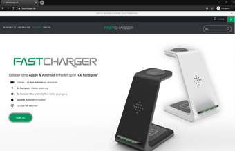 Køreklar Webshop side med salget af en unik trådløs Oplader til smartdevices