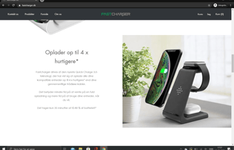 Køreklar Webshop side med salget af en unik trådløs Oplader til smartdevices