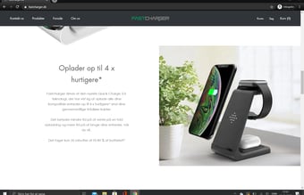 Køreklar Webshop side med salget af en unik trådløs Oplader til smartdevices
