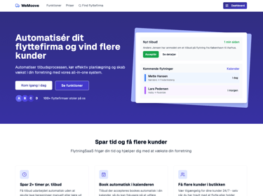 WeMoove - Ny SaaS til flyttebranchen med indbygget bookingsystem, samt medarbejder- og flådehåndtering. Skræddersyede flyttetilbud på få sekunder med hjælpe fra AI. 400 udviklingstimer brugt.