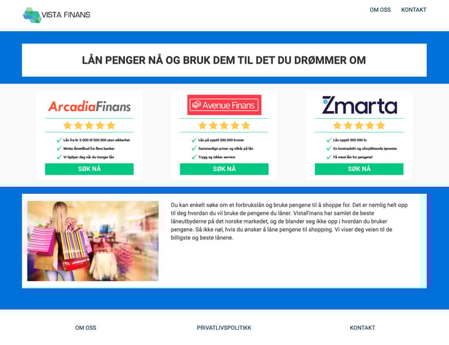 VistaFinans.no - Affiliate site med lån og 375 tilmeldt til nyhedsbrev