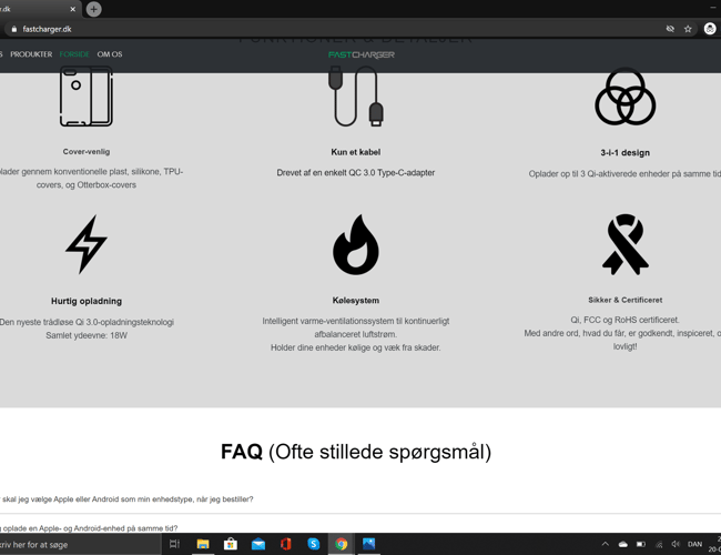 Køreklar Webshop side med salget af en unik trådløs Oplader til smartdevices