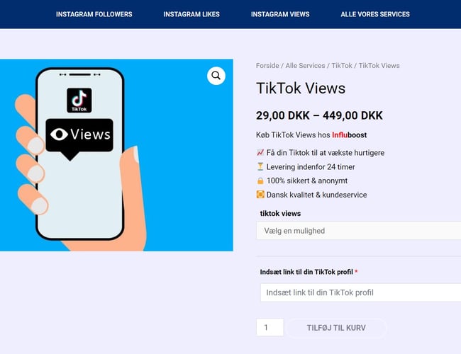 Webshop med salg af Likes, Followers, views mm. til sociale medier