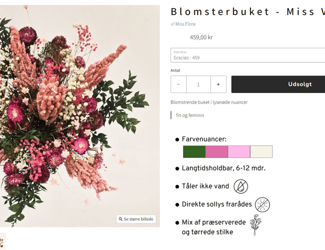 Webshop med evighedsbuketter, inkl. varelager, SoMe-platforme og indkøbskontakter 