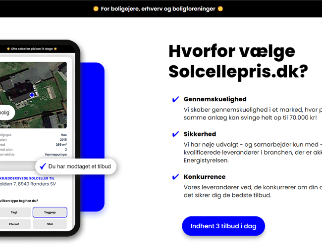 Solcellepris.dk - formidling af tilbud mellem boligejere og solcelleleverandører. Automatiseret platform, som skaffer og sælger leads til leverandører i branchen. 600+ udviklingstimer!