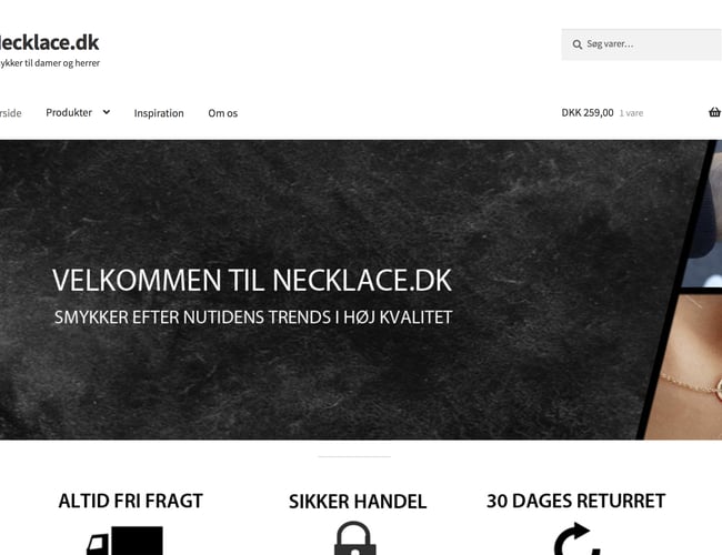 necklace.dk - Færdig køreklar opsat webshop med salg af smykker med høj avance