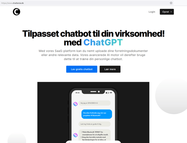 Chatbotai.dk - Få tilpasset chatbot software lavet med AI trænet på forretningsdata