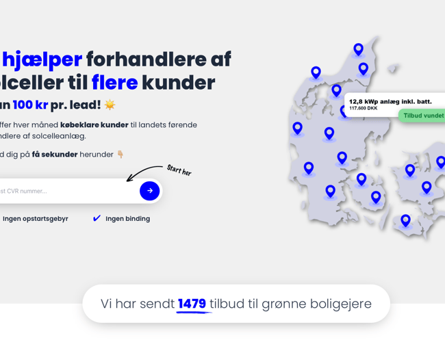 solcellepris.dk - formidling af tilbud mellem boligejere og solcelleleverandører. 100% automatiseret platform, som skaffer og sælger leads til leverandører i branchen. Ca. 600 udviklingstimer!