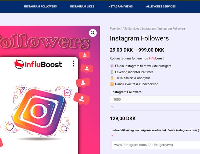 Webshop med salg af Likes, Followers, views mm. til sociale medier