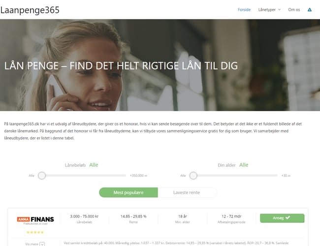 laanpenge365.dk - Affiliate hjemmesider sammeligning af lån (DK & NO)