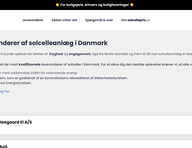 Solcellepris.dk - formidling af tilbud mellem boligejere og solcelleleverandører. Automatiseret platform, som skaffer og sælger leads til leverandører i branchen. 600+ udviklingstimer!
