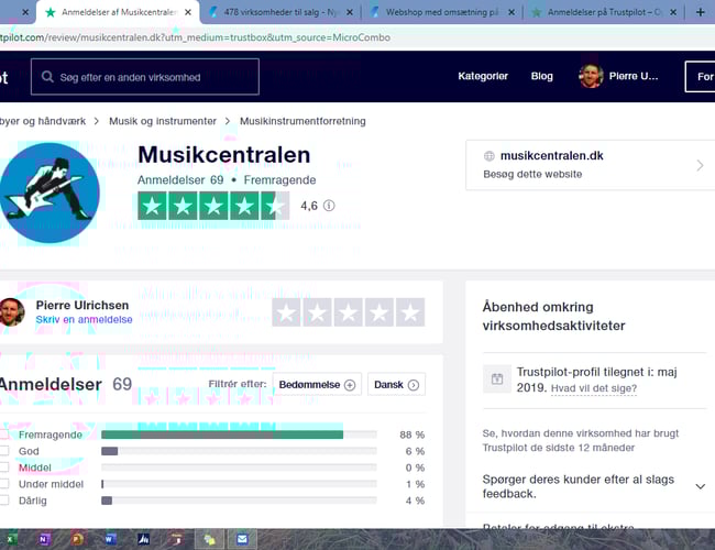 Musikforretningskoncept/Webshop med FB side, Youtube kanal og flot status på Trustpilot