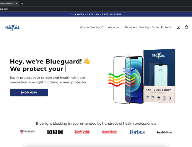 getblueguard.com - Eget brand med salg af panserglas. +500% markup.