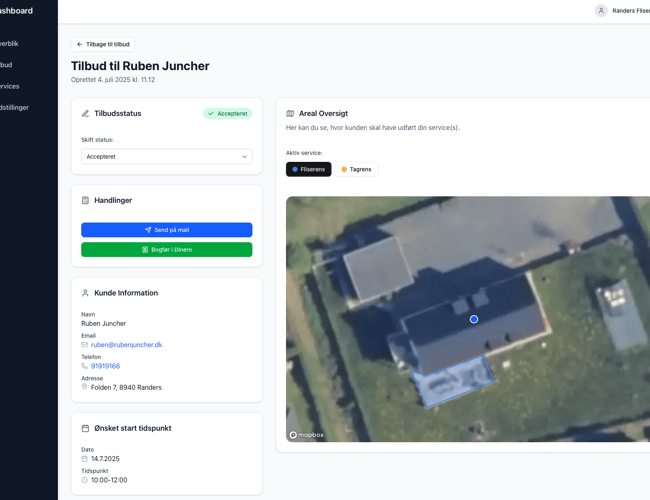 SkyQuote – SaaS til udendørs servicefirmaer (fliserens, tagrens, algebehandling mv.)  100% automatiseret opmåling, tilbud og fakturering – giver kunderne pris på få sekunder og øger salget!