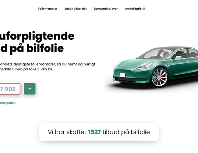 Foliepris.dk - formidling af tilbud mellem bilejere og foliemontører. Platform med indbygget leadgenerering og leadsalg, som håndteres 100% automatisk!
