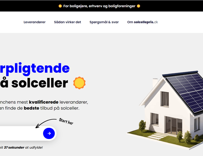 Solcellepris.dk - formidling af tilbud mellem boligejere og solcelleleverandører. Automatiseret platform, som skaffer og sælger leads til leverandører i branchen. 600+ udviklingstimer!
