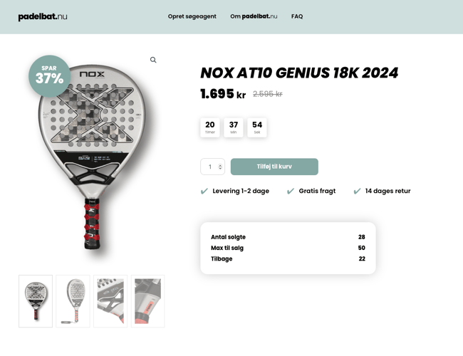 Padelbat.nu - vi hjælper forhandlere af padelbat til flere slag! Super lækker designet og 100% automatiseret platform, som sælger padelbat for forhandlere mod et mindre cut pr. salg.