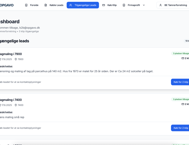 Lead-platform til håndværkere med automatisk matching
