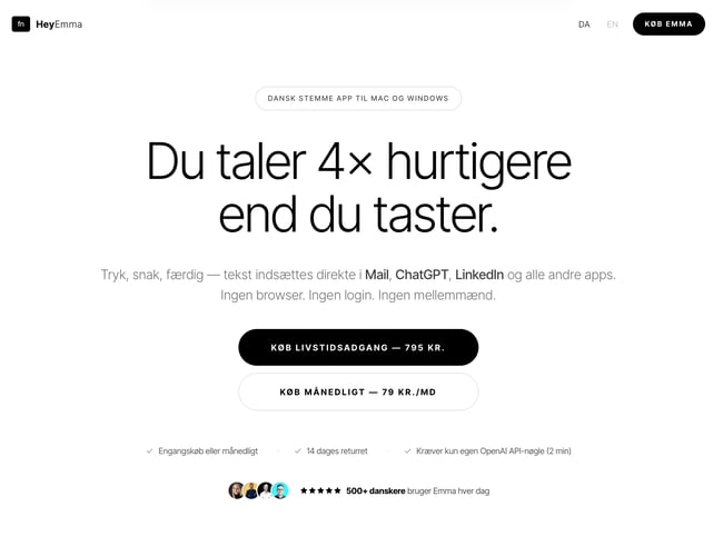 HeyEmma app - 306 brugere og 240.000 kr indtjening på 2 måneder. Kun 2 mdr gammel Voice- & AI-assistent app til Mac og Windows. 100% automatiseret og klar til international skalering.