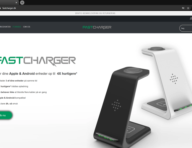 Køreklar Webshop side med salget af en unik trådløs Oplader til smartdevices