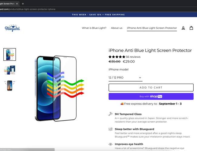 getblueguard.com - Eget brand med salg af panserglas. +500% markup.