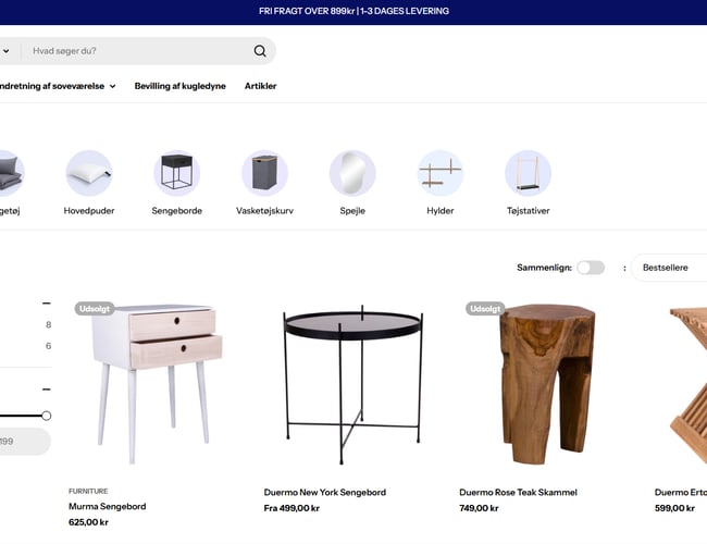 Webshop med kugledyner og indretning til soveværelset
