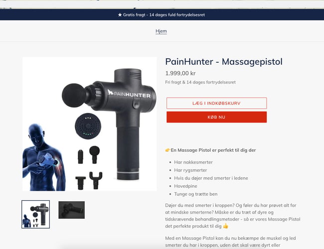 Køreklar one-page webshop med salg af massageprodukt inkl. varelager