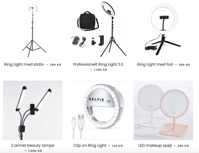 Førende webshops inden for salg af Ring Lights og lignende produkter i Danmark