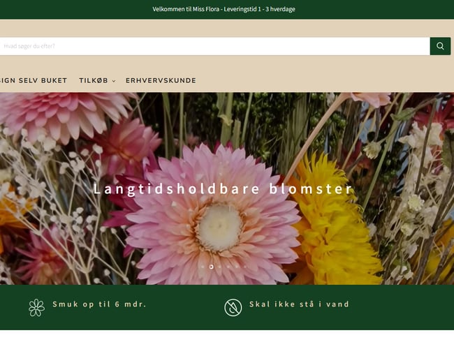 Webshop med evighedsbuketter, inkl. varelager, SoMe-platforme og indkøbskontakter 