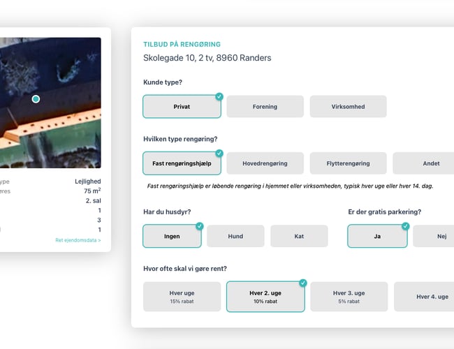 Cliinly - Ny SaaS software til rengøringsbranchen - giver kunderne komplette tilbud på 10 sekunder! Automatiserer hele rengøringsfirmaets tilbudsprocess. 350 udviklingstimer - 100% automatiseret, så den kræver INTET manuelt arbejde.