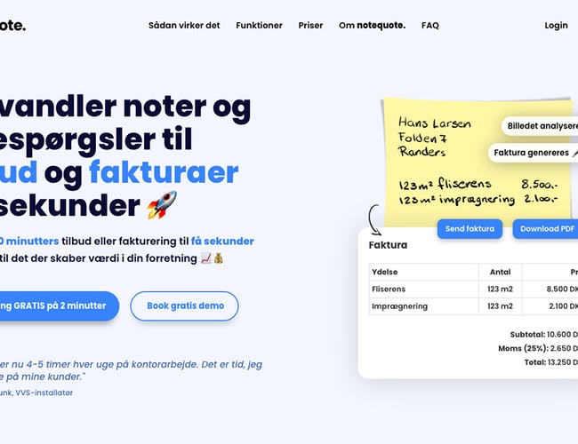 notequote.dk - AI drevet SaaS platfrom som forvandler noter og forespørgsler til tilbud og fakturaer på sekunder! 100% automatiseret - 700 udviklingstimer!