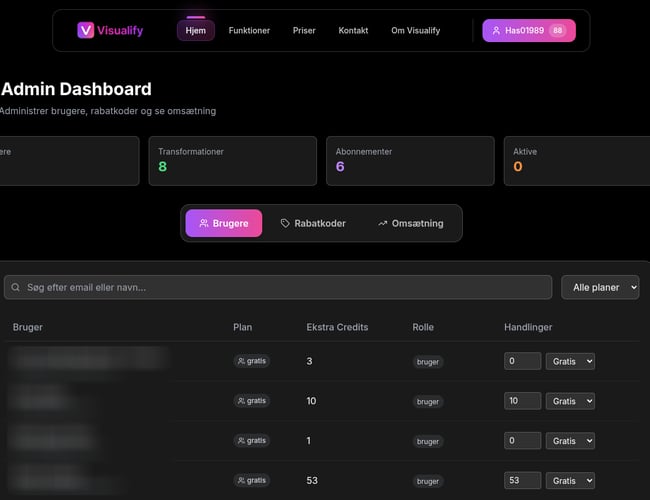 Visualify.dk - AI Produktfoto SaaS med Abonnement, Credits & Admin Panel