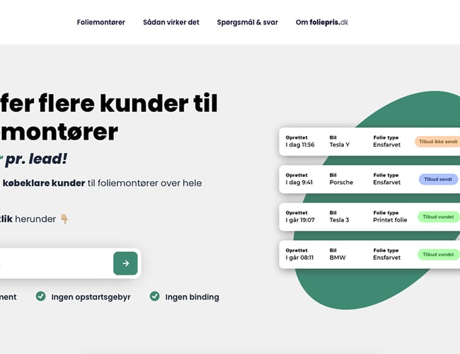 Foliepris.dk - formidling af tilbud mellem bilejere og foliemontører. Platform med indbygget leadgenerering og leadsalg, som håndteres 100% automatisk!