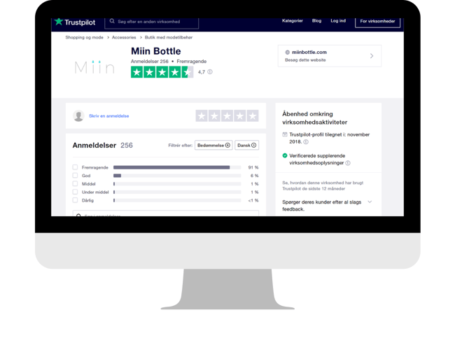 Miin Bottle - Ledende webshop af genanvendelige vandflasker - Samlet salg for 1.7 mio kr. med en Trustpilot rating på 4.7