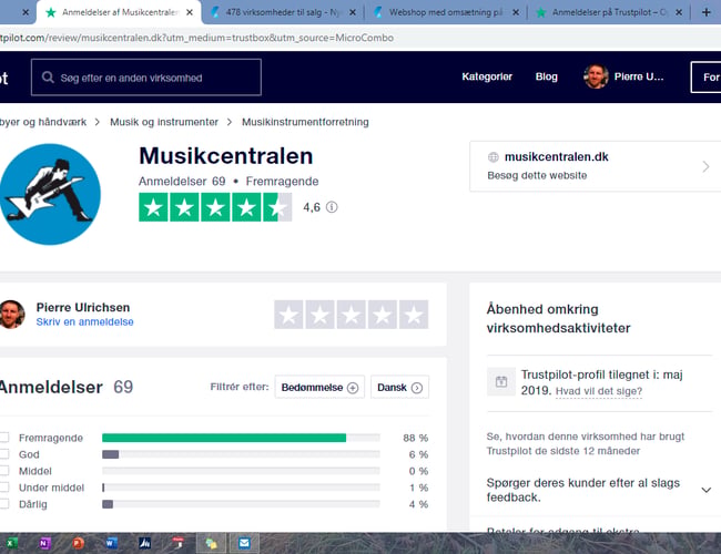 Musikforretningskoncept/Webshop med FB side, Youtube kanal og flot status på Trustpilot