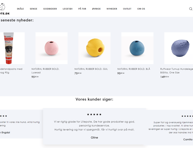 Webshop der sælger hundeartikler og med 4,7 stjerner
