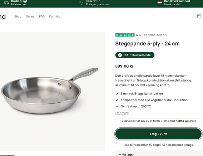 5-ply stegepander i rustfrit stål sælges med webshop og varelager