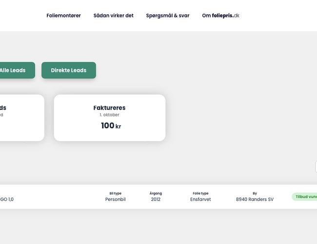 Foliepris.dk - formidling af tilbud mellem bilejere og foliemontører. Platform med indbygget leadgenerering og leadsalg, som håndteres 100% automatisk!