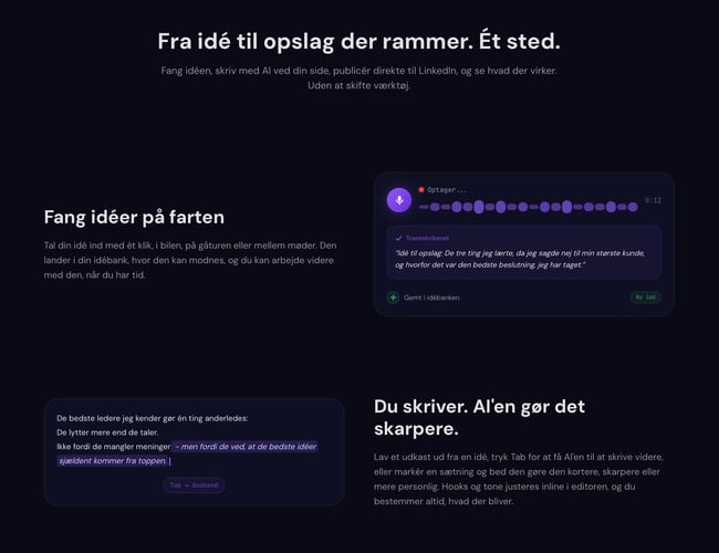 Content Studio - færdig AI SaaS til LinkedIn, der laver indtalte idéer og tanker på farten om til opslag, der rammer. 134 LinkedIn-brugere har allerede skrevet sig op til lanceringen.