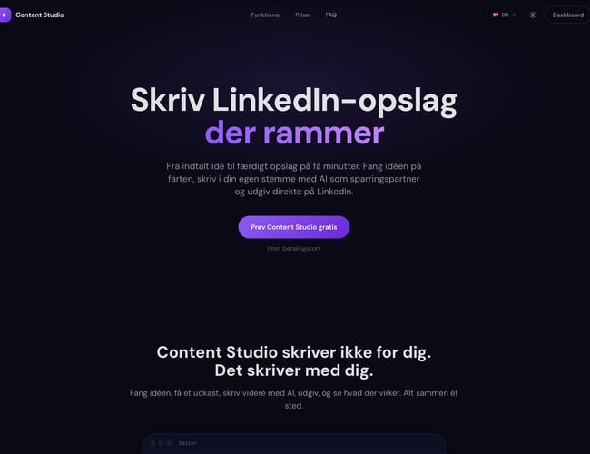 Content Studio - færdig AI SaaS til LinkedIn, der laver indtalte idéer og tanker på farten om til opslag, der rammer. 134 LinkedIn-brugere har allerede skrevet sig op til lanceringen.