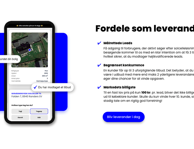 solcellepris.dk - formidling af tilbud mellem boligejere og solcelleleverandører. 100% automatiseret platform, som skaffer og sælger leads til leverandører i branchen. Ca. 600 udviklingstimer!