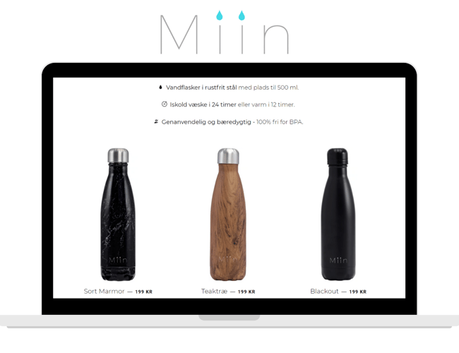 Miin Bottle - Ledende webshop af genanvendelige vandflasker - Samlet salg for 1.7 mio kr. med en Trustpilot rating på 4.7