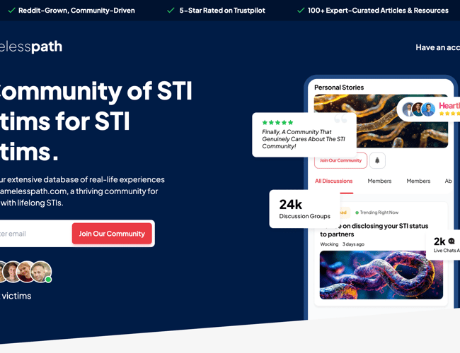 ShamelessPath.com - community og artikelplatform for mennesker med uhelbredelige kønssygdomme. 4.000 organiske Google-kliks de sidste 3 måneder og 250 tilmeldte - uden én krone i markedsføring. 7-800 udviklingstimer!