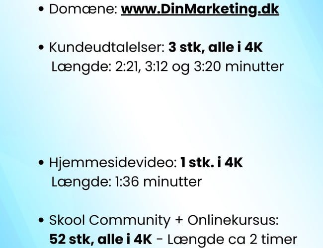 Færdigbygget marketingbureau til salg – godt domæne og hjemmeside samt fantastiske videotestimonials www.DinMarketing.dk - Værdiansat af virksomhedsmægler