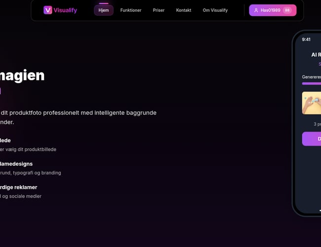 Visualify.dk - AI Produktfoto SaaS med Abonnement, Credits & Admin Panel