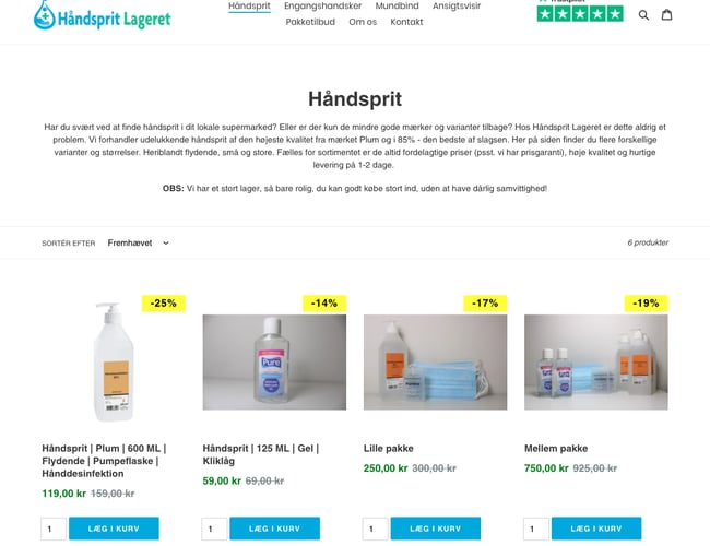 haandspritlageret.dk - Webshop med håndsprit og værnemidler - 313.000 omsætning på 14 dage (138.000 overskud) 