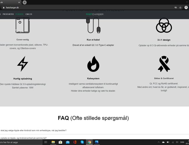 Køreklar Webshop side med salget af en unik trådløs Oplader til smartdevices