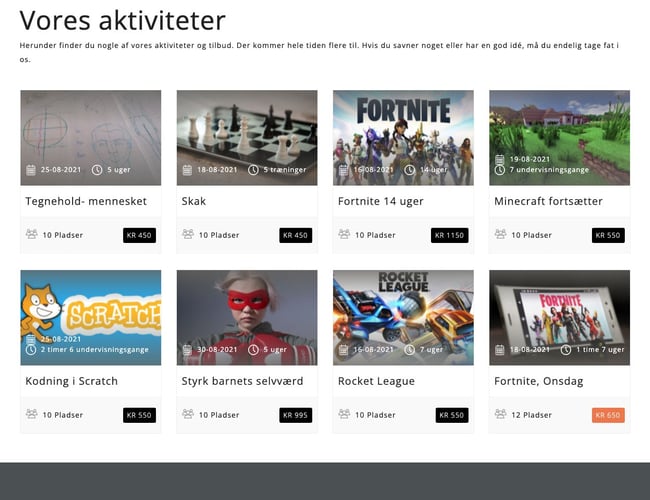 Online fritidsaktiviteter for børn - Oms. 2021 t.o.m. august: 280.000 kr. - Overskud: 30.000 kr.