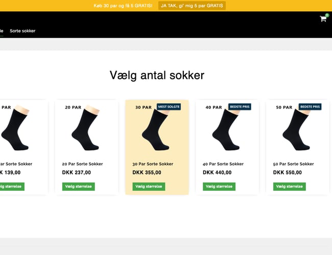 Webshop med salg af sorte sokker og med abonnementsløsning
