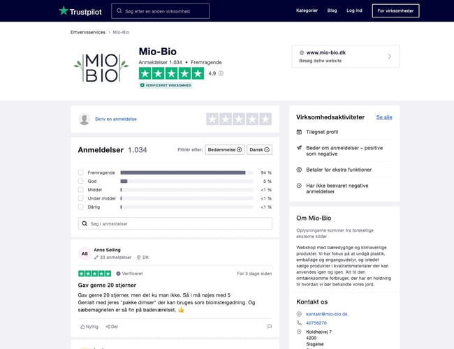 Populær bæredygtig webshop med klimavenlige produkter - Omsætning 2021: 735.000 kr. - 5 stjernet trustpilot med 1.034  anmeldelser